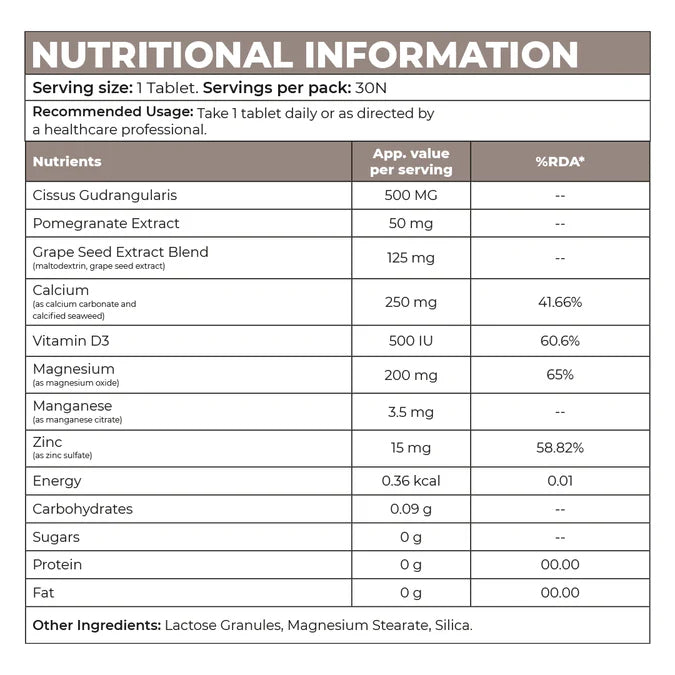 Nutritional chart displaying vitamins, minerals, and ingredient values in InStrength Bone Health supplement.