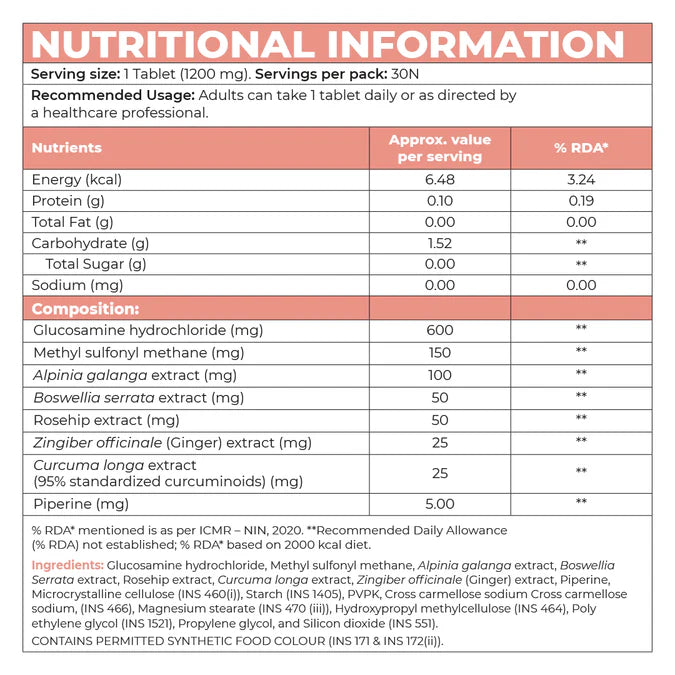 Nutritional facts chart showing key ingredients and daily values in InStrength Knee & Joint Strength supplement.