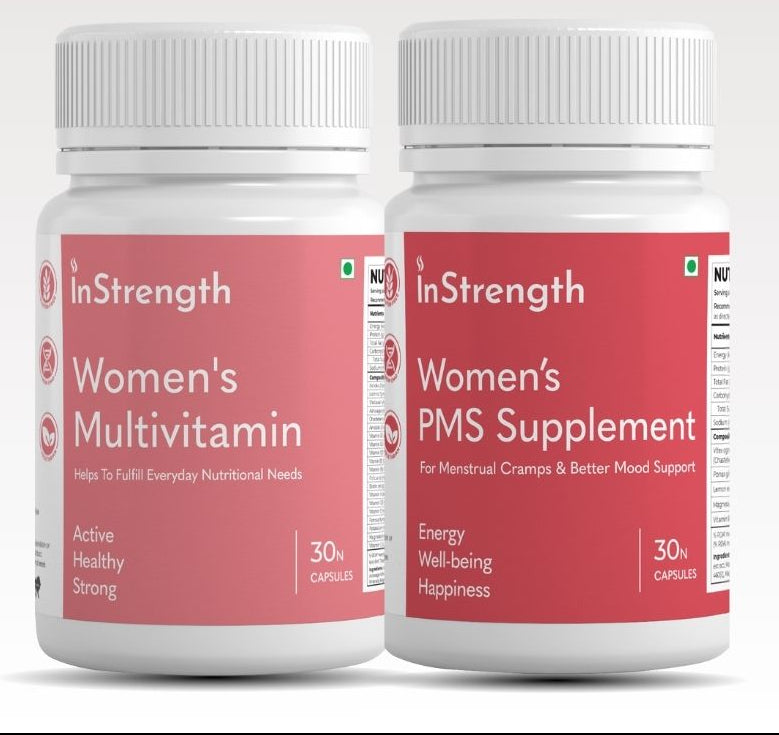 InStrength Super Women Pack featuring Women’s Multivitamin and PMS Supplement, formulated to support energy, mood balance, and women’s overall wellness.