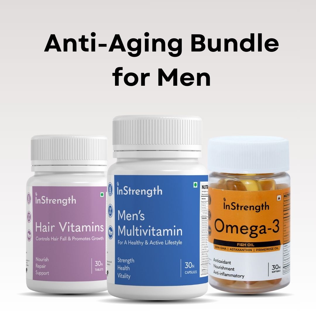 InStrength Anti-Aging Bundle for Men with Hair Vitamins, Men’s Multivitamin, and Omega-3 for strength, vitality, and overall wellness.