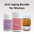 InStrength Anti-Aging Bundle for Women featuring Hair Vitamins, Women’s Multivitamin, and Omega-3 supplements.