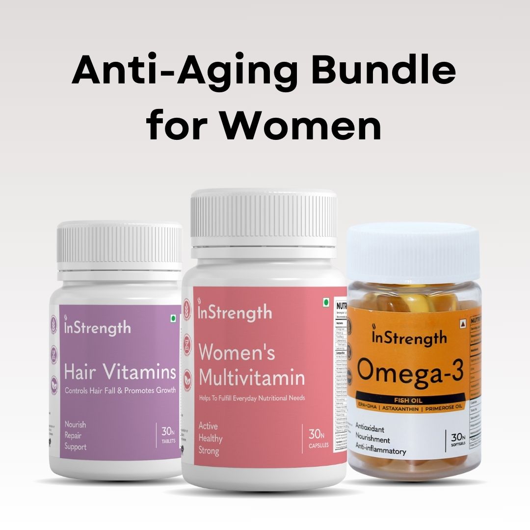 InStrength Anti-Aging Bundle for Women featuring Hair Vitamins, Women’s Multivitamin, and Omega-3 supplements.