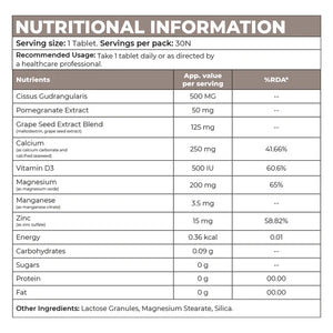 Nutritional chart displaying vitamins, minerals, and ingredient values in InStrength Bone Health supplement.
