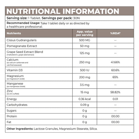Nutritional chart displaying vitamins, minerals, and ingredient values in InStrength Bone Health supplement.
