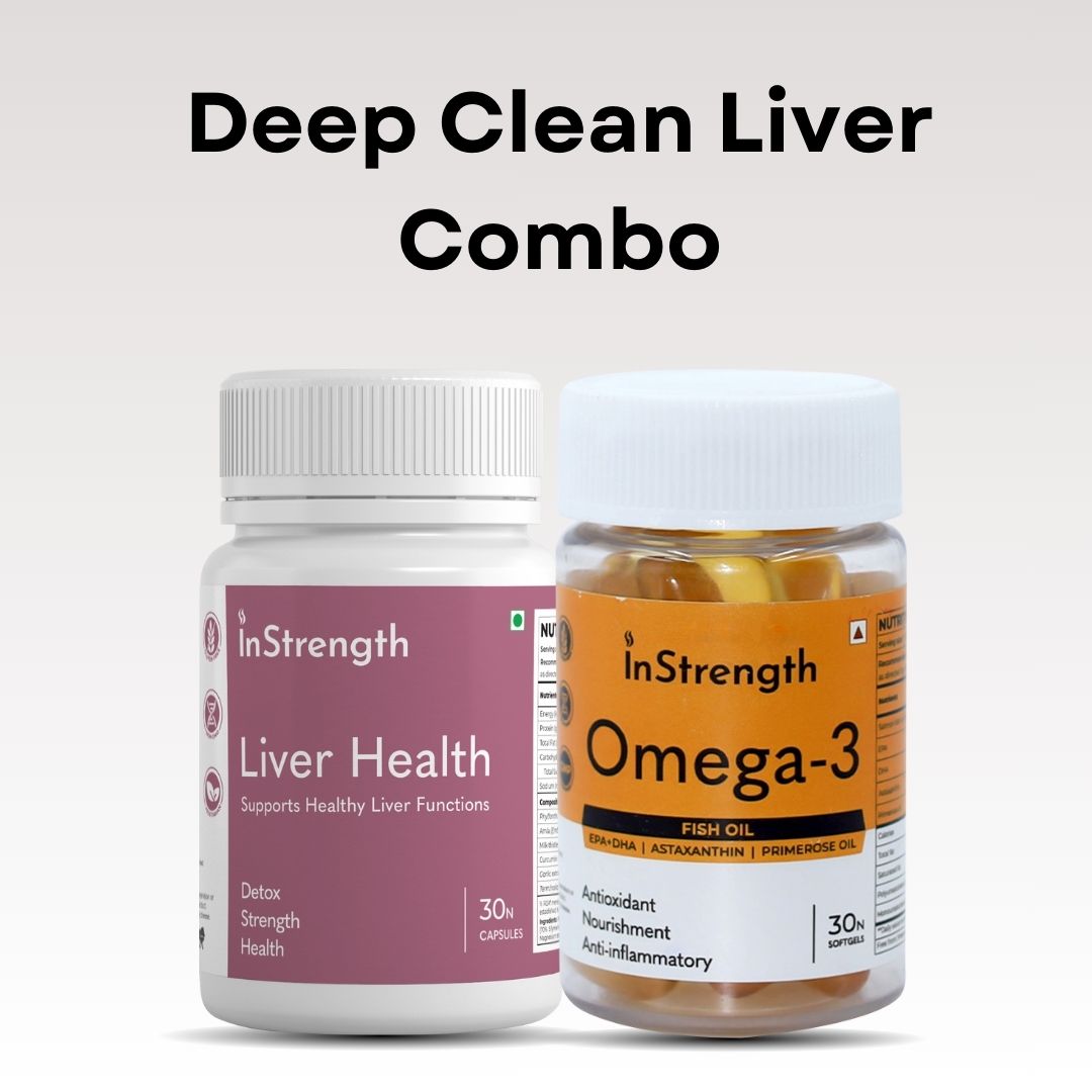 Deep Clean Liver Combo featuring InStrength Liver Health and Omega-3 supplements that support liver detox, strength, and overall wellness.