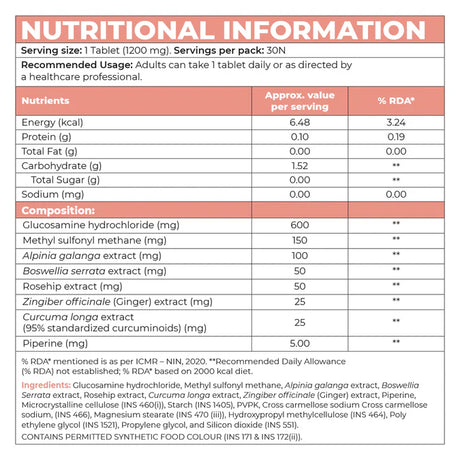 Nutritional facts chart showing key ingredients and daily values in InStrength Knee & Joint Strength supplement.