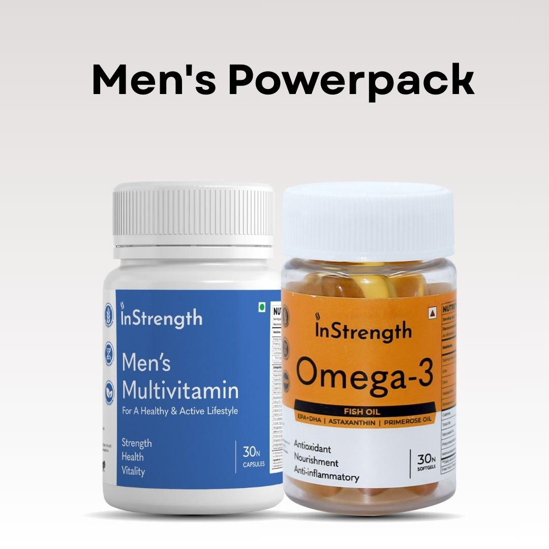 InStrength Men’s Powerpack featuring Men’s Multivitamin and Omega-3 supplements, formulated to support strength, vitality, and overall men’s health.