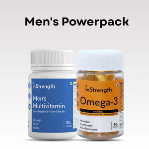 InStrength Men’s Powerpack featuring Men’s Multivitamin and Omega-3 supplements, formulated to support strength, vitality, and overall men’s health.