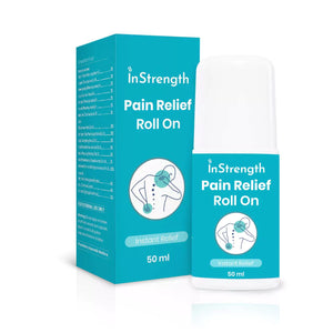 InStrength Pain Relief Roll On bottle and box providing instant relief for muscle and joint pain.