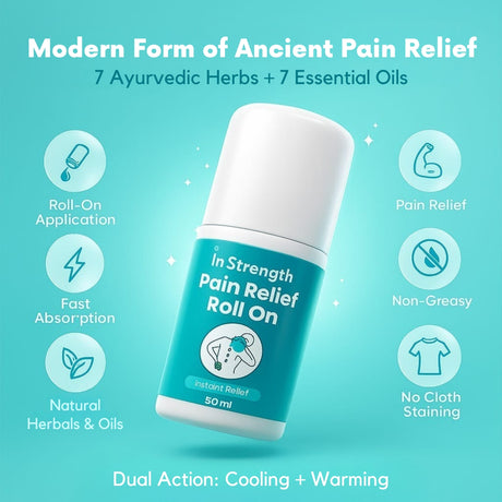 InStrength Pain Relief Roll On featuring 7 Ayurvedic herbs and 7 essential oils for fast, non-greasy, dual-action pain relief.