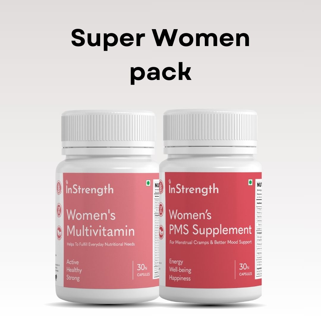 InStrength Super Women Pack featuring Women’s Multivitamin and PMS Supplement, formulated to support energy, mood balance, and women’s overall wellness.