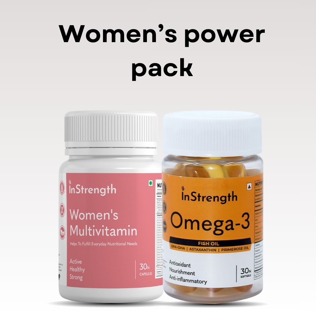 InStrength Women’s Power Pack featuring Women’s Multivitamin and Omega-3 supplements, designed to support daily energy, hormonal balance, and overall women’s health