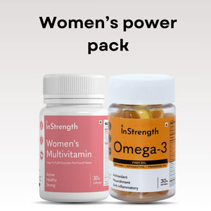 InStrength Women’s Power Pack featuring Women’s Multivitamin and Omega-3 supplements, designed to support daily energy, hormonal balance, and overall women’s health