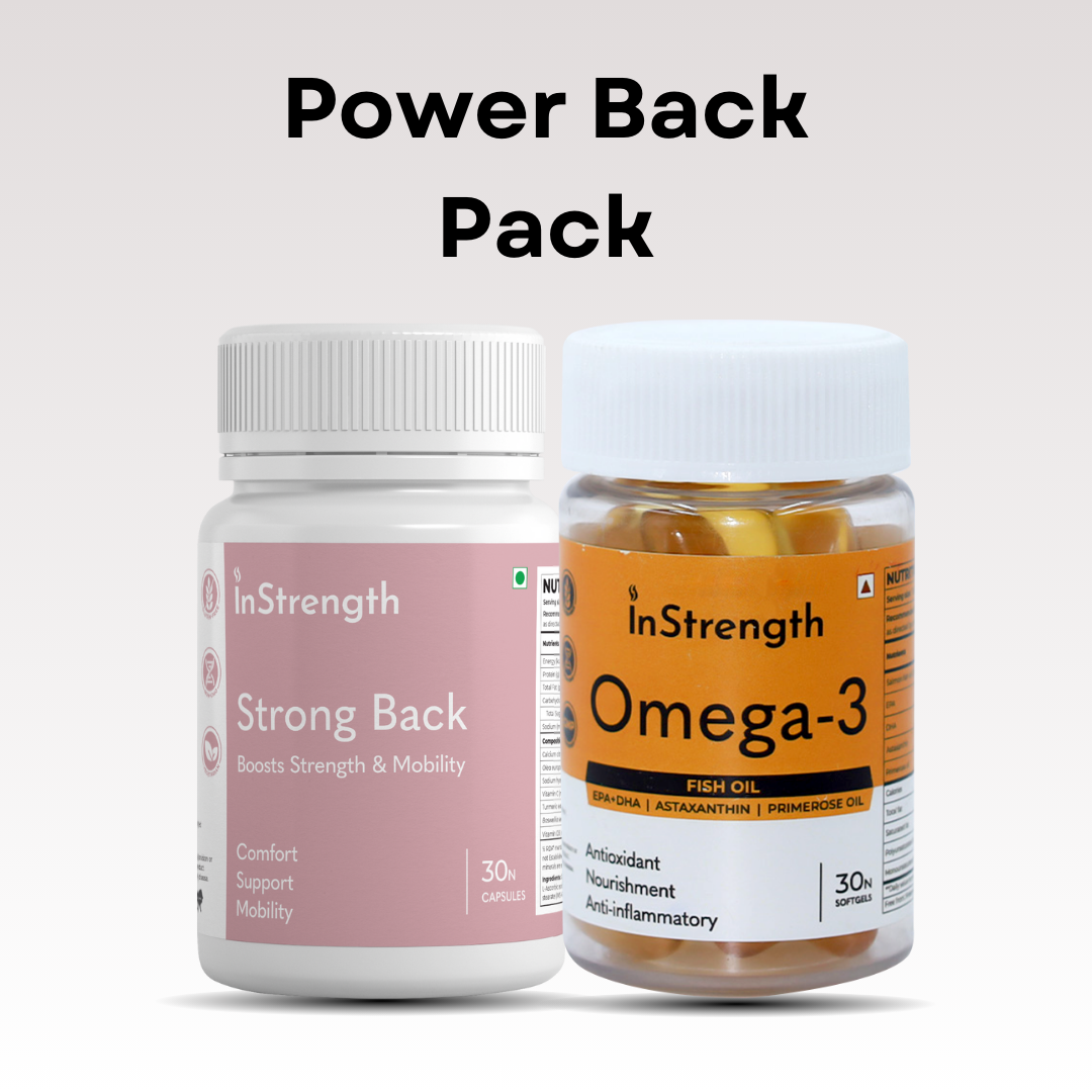 InStrength Power Back Pack featuring Strong Back and Omega-3 supplements to support strength, mobility, and overall back health.